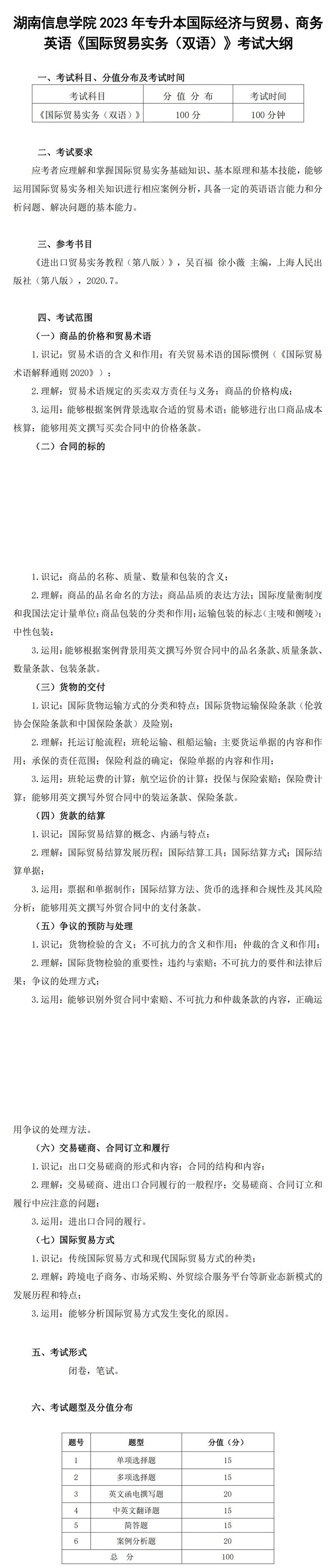 2023年湖南信息學(xué)院專升本國際經(jīng)濟(jì)與貿(mào)易專業(yè)《國際貿(mào)易實(shí)務(wù)（雙語）》考試大綱(圖1)