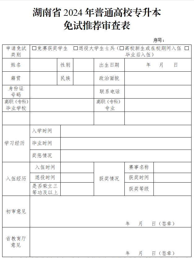 2024年湖南省普通高校專(zhuān)升本免試推薦審查表